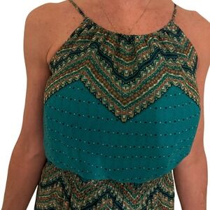 Boho Maxi Dress Teal Green Brown Sleeveless Summer Casual